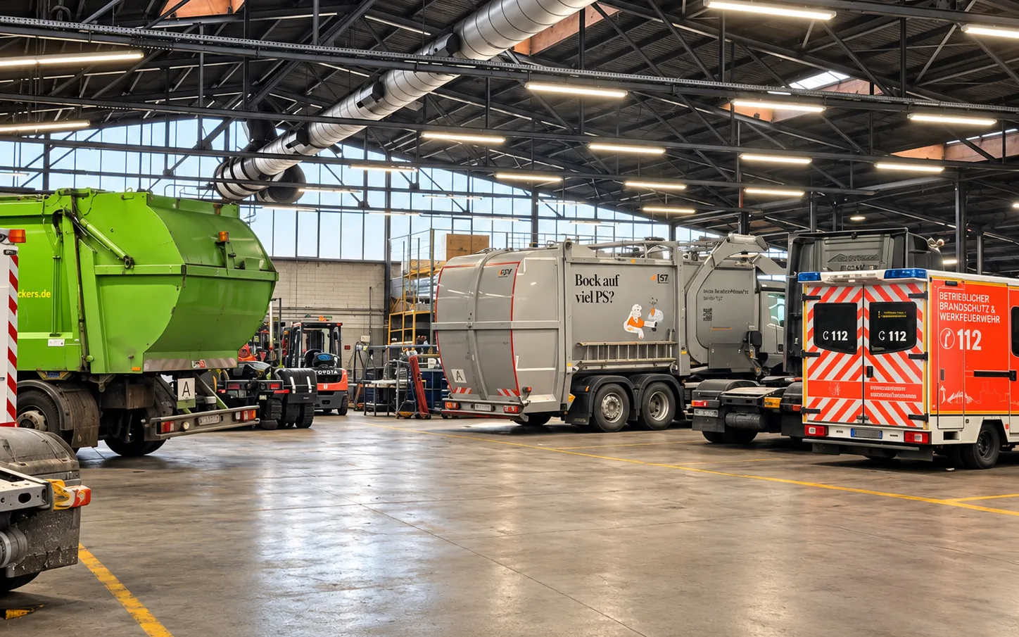 Nutzfahrzeug-Werkstatthalle in Neuss mit Kommunalfahrzeugen und Einsatzfahrzeugen im Service